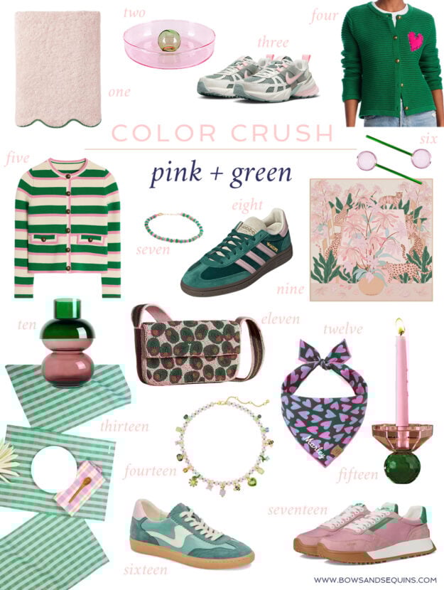 Bows & Sequins shares one of her favorite color combinations for spring 2025: pink and green. Striped cardigans, colorful sneakers, placemats, silk scarves, scalloped towels, glass candlesticks, and more.